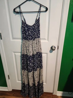 Lucky Brand Live in Love Maxi Dress Blue White Floral Tiered Boho Size S - Image 1 of 4