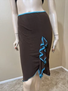 Women’s Brown Blue Polyester Casual Summer Stretch Slim Asymmetric Size M Skirt - Picture 1 of 20