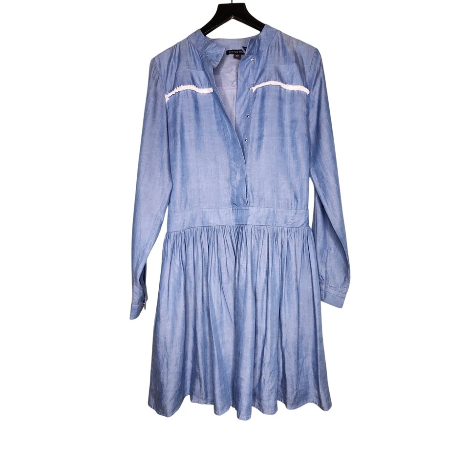 Vestido Camisa Boston Propio Manga Larga Cambray Azul Flecos A Presión Western Boho S Foto 1 de 4