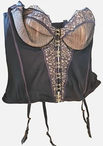 Cacique Veiled Lace Corset 44DD Black Lace Bustier Garter Belt Underwire Boning - Picture 1 of 5