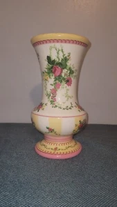 Laura Ashley Shabby Floral Footed Vase Rose White Pink Yellow 9" - Picture 1 of 5