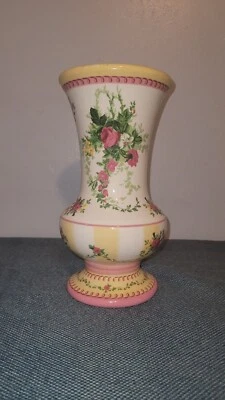 Laura Ashley Shabby Floral Footed Vase Rose White Pink Yellow  9"  - Image 1 of 4
