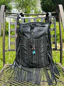 Fringe Tote Bag Cowhide Leather black Boho Bag Western style Crossbody Hobo bag - Picture 1 of 15