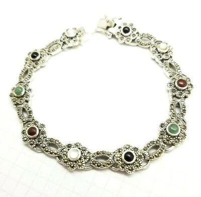MULTI STONES BRACELET Carnelian Jade Onyx MOP Marcasite .925 STERLING (7.5-in.L) - Image 1 of 3