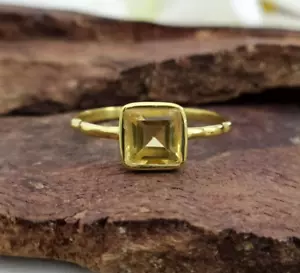Anello di Fidanzamento Citrino Naturale Oro Giallo 14K Anello Cuscino Pietra Semplice - Foto 1 di 14