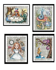 SIGNED Alice In Wonderland Dictionary Page Art Print Lot Book Picture Wall Decor - Picture 1 of 6
