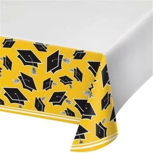 Graduation School Spirit School Bus Yellow Plastic Tablecloth 54" x 102" Grad - Image 1 of 1