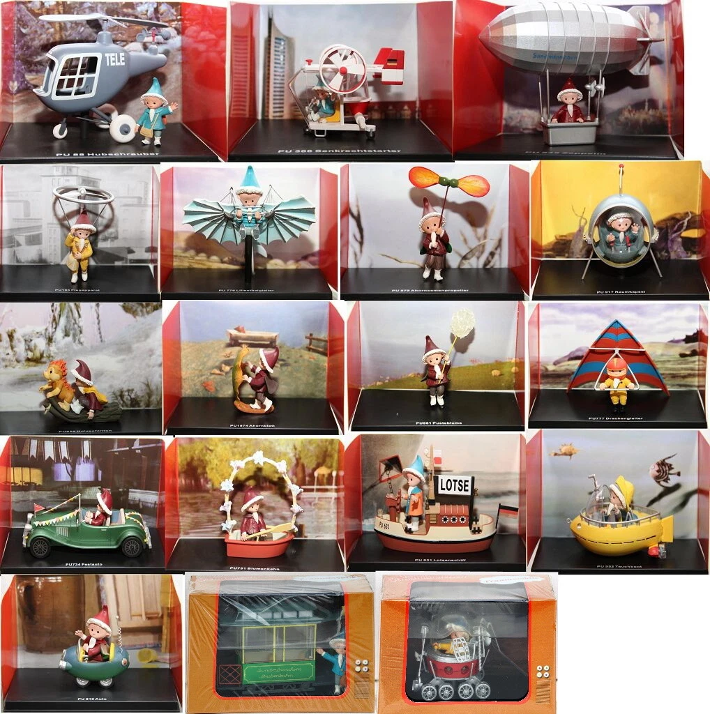 Sandmännchen Figur Mit Festauto – Modell PU 734, In Vitrine, Metall, 6,5 Cm Hoch, Sammlerstück