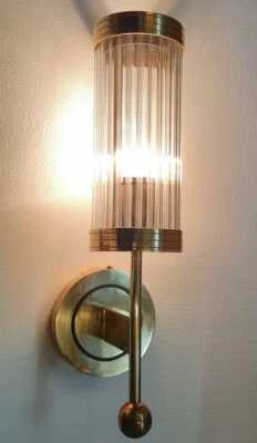 Antique Old Vintage Art Deco Brass & Glass Rod Ship Light Wall Sconces Lamp - Image 1 of 4