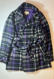 Arizona purple plaid double breasted black button up belted jacket coat L - Picture 1 of 6