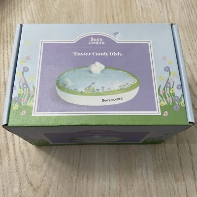 RARE Vintage See's Candies Egg Shaped Candy Dish Floral Easter Bunny Lid  7" NIB - Image 1 of 4