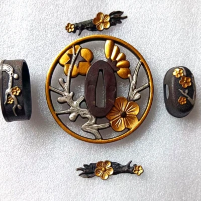 Protector de hoja de parte de espada de 5 piezas Tsuba Fuchi Menuki Kashira para Katana Wakizashi Foto 1 de 4