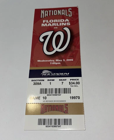 Washington Nationals Vs Florida Marlins Game Day ticket Stub. 5/3/2006 Cover
