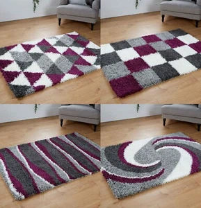 Modern Shaggy Rugs Thick Shag Pile Geometric Rug Purple Grey Non Slip on Caret - Picture 1 of 16