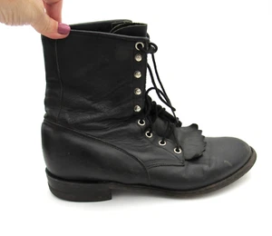 VTG Justin Black Leather Boots Kiltie Lace Up Roper Cowboy Combat Made in USA - Picture 1 of 11