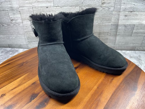 Stivali Ugg donna 8M mini bailey scarpe bottoni nero scamosciato shearling stivaletti