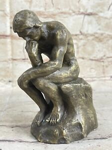 Elegant Bronze Marble Base Statue Rodin`s The Thinker Sculpture Artwork NR