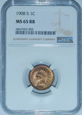 1908 S NGC MS65RB Red and Brown Indian Cent Lots Of Red - Image 1 of 2