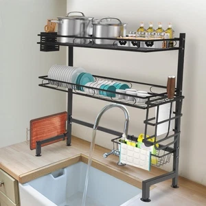 2 Tier Over The Sink Dish Drying Rack Stainless Steel Kitchen Dish Drainer Black - Picture 1 of 13