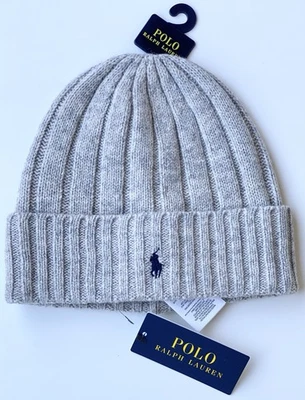 Polo Ralph Lauren Logo Pony Gray Wool Knit Cuffed Beanie HAT Cap Men’s OS New - Image 1 of 2