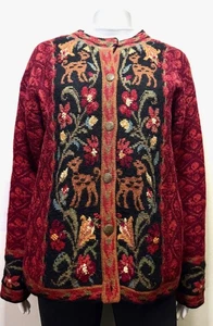 VTG Icelandic Design Embroidered Wool Cardigan Size XL Full Zip Lined Crewelwork - Picture 1 of 8