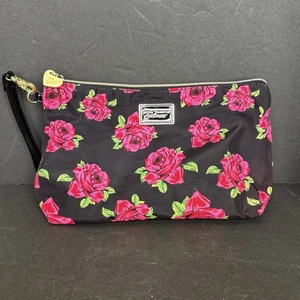 Borsa da polso Betsey Johnson Kitty Rose tessuto nero cosmetico cerniera trucco - Foto 1 di 11