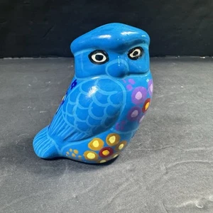 Folk Art Hand Painted Pacific Blue Owl Bird Terra Cotta Ceramic Figurine 3.5” - Picture 1 of 11