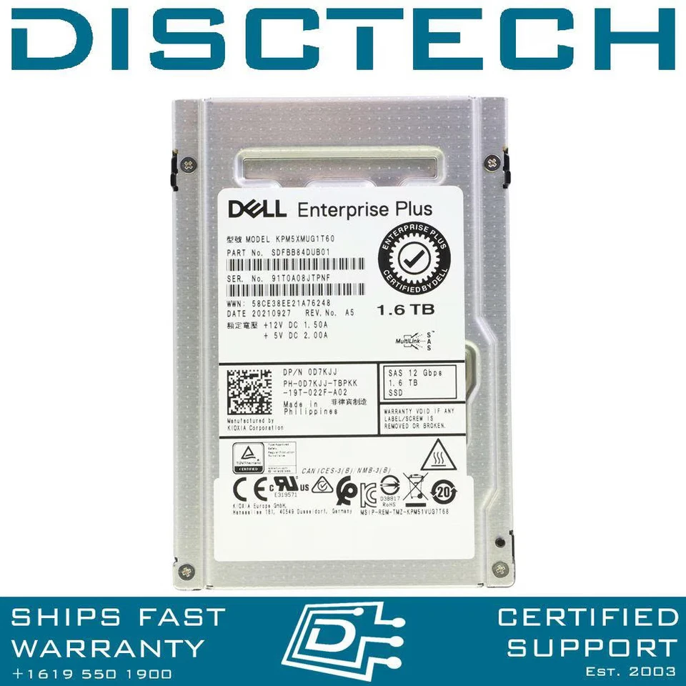 Dell D7KJJ 1.6TB SAS 12Gbps SSD Write Intensive WI 2.5 Inch Kioxia KPM5XMUG1T60 - Image 1 of 3