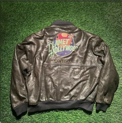Chaqueta de bombardero de cuero reversible vintage años 90 Planet Hollywood Las Vegas para hombre talla M Foto 1 de 4