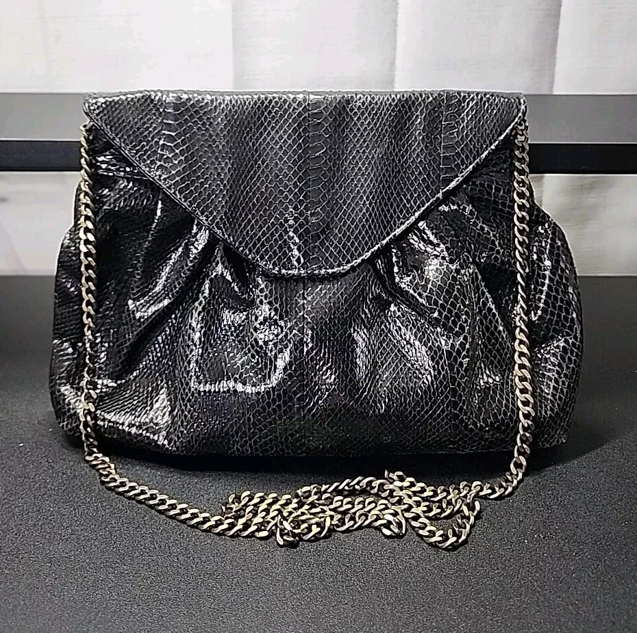 Vintage Beirn Snakeskin Clutch Purse Black Metal Chain Shoulder Strap Crossbody  - Image 1 of 4