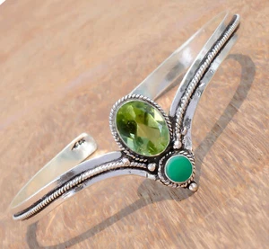 Faceted Peridot & Green Onyx Gemstone 925 Sterling Silver Cuff Bangle For Love - Picture 1 of 7
