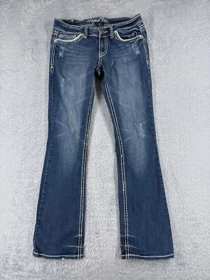 Pantalones de mezclilla para mujer Request 11 azul acampanados desgastados bordados 29x31 Foto 1 de 4