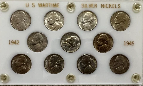 1942 - 1945 US War Nickel Set in White Plastic Holder Cover