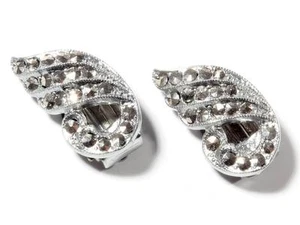 Pair antique Deco Czech rhodium plate clip earrings marcasite glass rhinestones - Picture 1 of 2