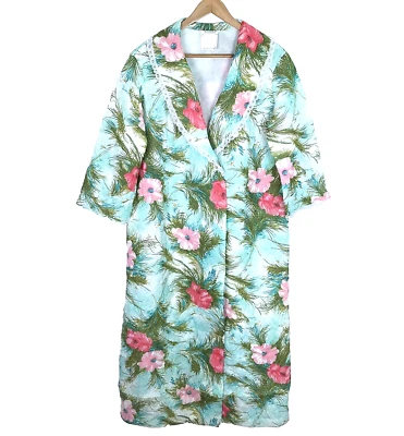 Abrigo de casa bata larga de colección para mujer XL acolchado azul verde floral ribete de encaje manga 3/4 Foto 1 de 4