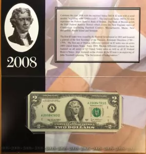 2008 $2 Uncirculated Single Federal Reserve Note "Boston" Serial begin 2008 - Picture 1 of 4