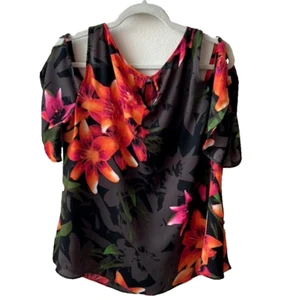 Worthington | Tiger Lilys on Black Cold Shoulder Blouse L - Picture 1 of 7