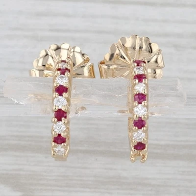 0.57ctw Ruby Diamond Hoop Earrings 14k Yellow Gold Small Hoops - Image 1 of 4