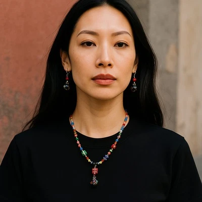 Juego de pendientes collar perlas de agua dulce cuentas de vidrio cubo hecho a mano multicolor Foto 1 de 2