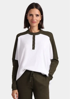 MINNIE ROSE Oversized Cashmere Blend Henley Sweater in White/Green Size M/ L - Image 1 of 4