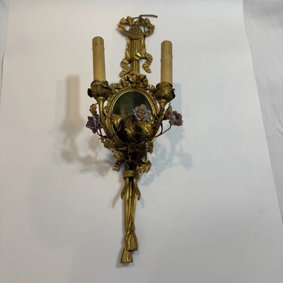 "Aplique de pared floral vintage de bronce y porcelana 21""" Foto 1 de 4