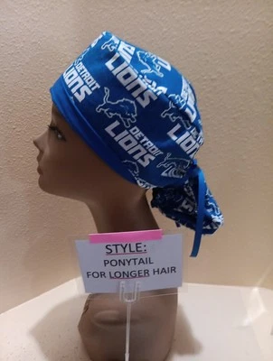 Detroit Lions Logo NFL Women's Ponytail Surgical Scrub Hat/Cap Handmade - Image 1 of 4