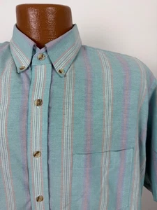 Vintage 90s Oxford Shirt Men XL Wrinkle-Free Button Down Teal Striped Manhattan - Picture 1 of 18