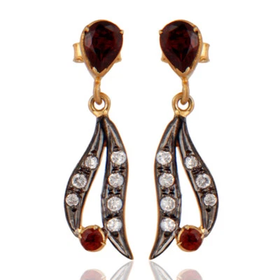 Yellow Gold Plated 925 Silver Garnet CZ Gemstone Dangle Earrings Jewelry Foto 1 de 2