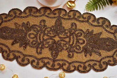 Decorative Beaded Table Runner Gold Beige Christmas Centerpiece Décor 35x15 In - Image 1 of 4