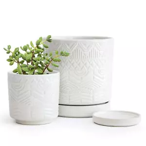2 Modern White Embossed Ceramic Planter Pots with Saucers 4" & 6" Set - Picture 1 of 6