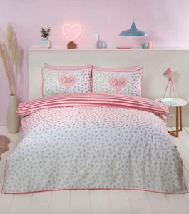 Pink King Size Piped Edge Dalmation Spots Stripes Reversible Duvet Cover Set - Picture 1 of 5