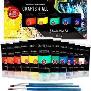 Großes Acrylfarben Set - 12 lebendige Farben in 75ml Tuben mit 3 Bonuspinseln - Bild 1 von 7