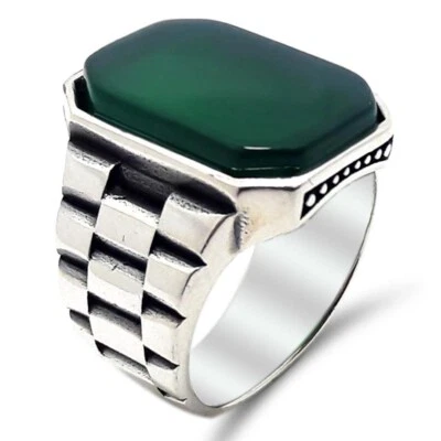 Solid 925 Sterling Silver Green Agate Stone Watch Cord Men's Ring - Image 1 of 4