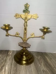 Vintage Cast Metal Brass Antique Holy Water Font Candelabra Crucifix Last Rites - Picture 1 of 9